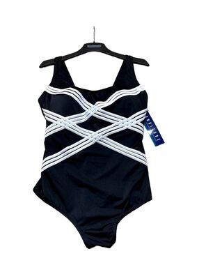 Longitude Women's Black One-Piece Swimsuit with White Crisscross Detail Size 22W